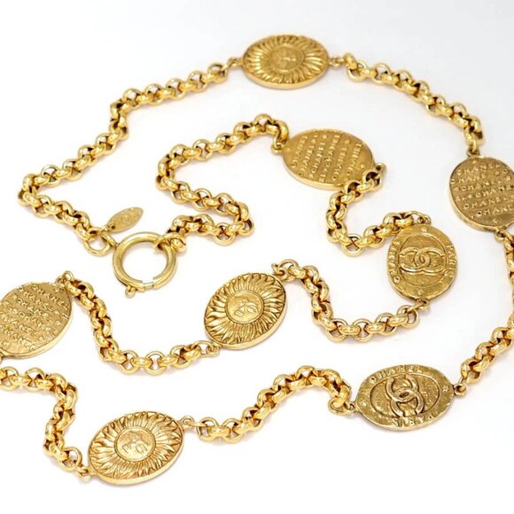 CHANEL CC Logos PARIS Sun Oval Coin Necklace 35" Gold Tone 28 Auth w/Box #792-3 - Picture 1 of 7